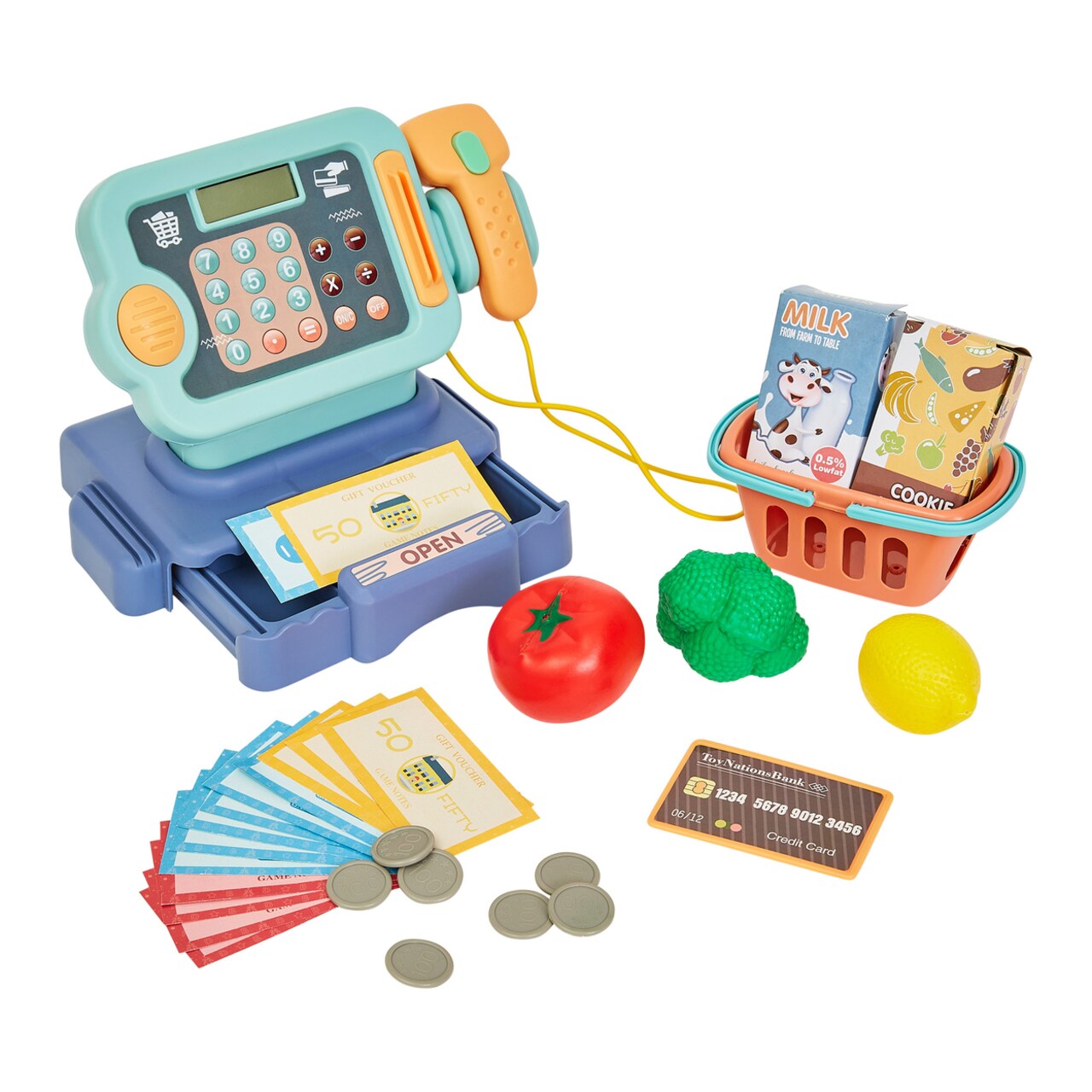 Blue Cash Register Toy Set For Kids 30 Pc Grocery Play Food Money Calculator